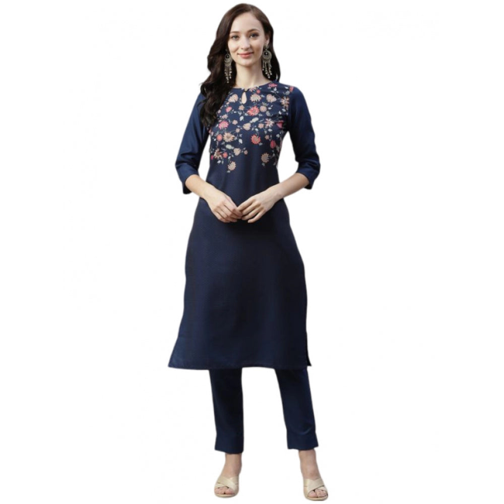 Generisches Damen-Set aus lässigem Kurti und Hose mit 3–4-Ärmeln und Blumenmuster aus Viskose (Marineblau)