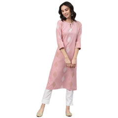 Generic Women's Casual 3-4Th Sleeve Ethnic Motifs Rayon Kurti And Pant Set (Pink)