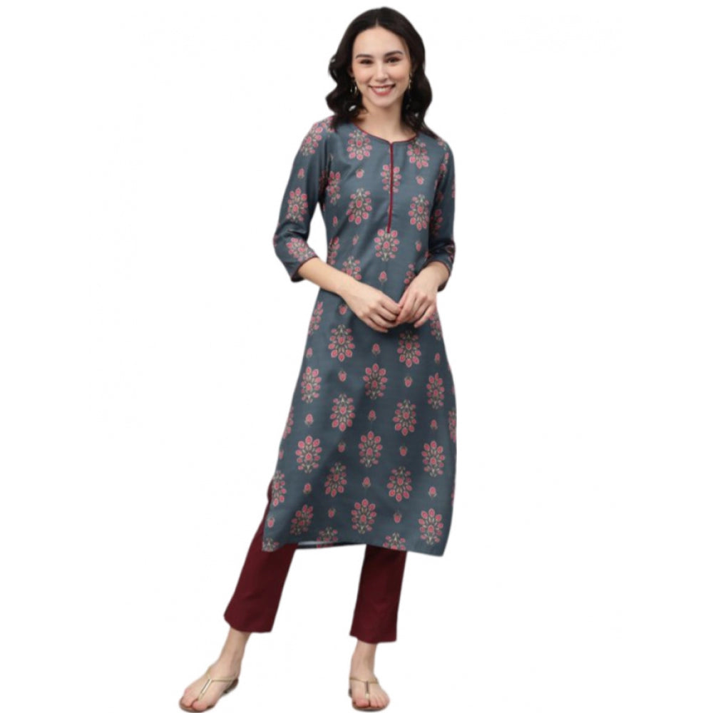 Generic Women's Casual 3-4Th Sleeve Floral Printed Rayon Kurti And Pant Set (Grey)