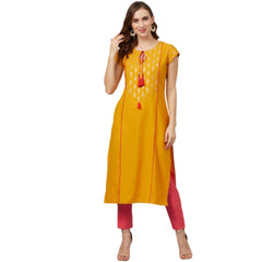 Generic Women's Casual Short Sleeves Floral Printed Rayon Kurti and Pant Set (Mustard)