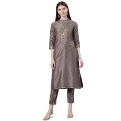 Generic Women's Casual 3-4Th Sleeve Ethnic Motifs Poly Silk Kurti And Pant Set (Grey)