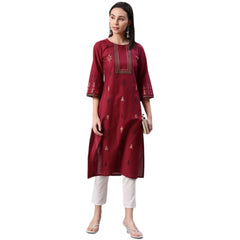 Generic Women's Casual 3-4Th Sleeve Ethnic Motifs Rayon Kurti And Pant Set (Red)