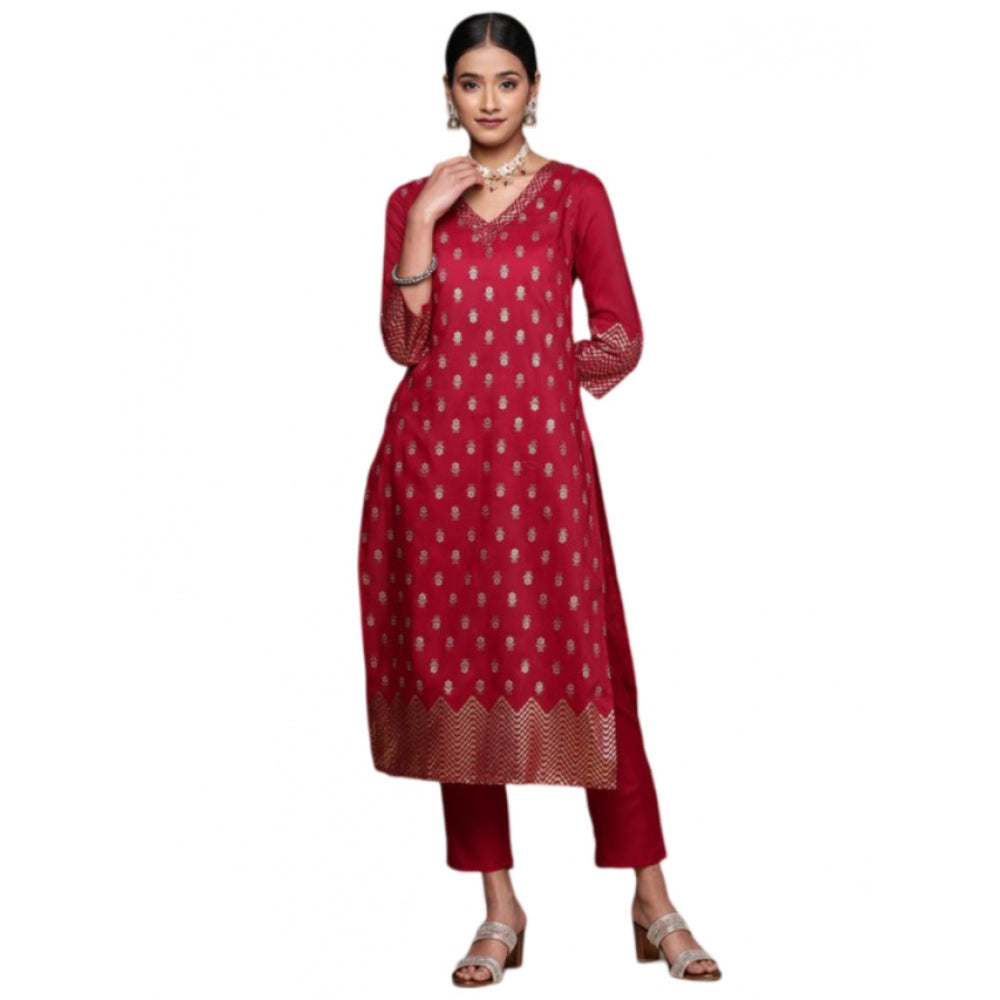 Generic Women's Casual 3-4Th Sleeve Floral Printed Chinon Kurti And Pant Set (Maroon)