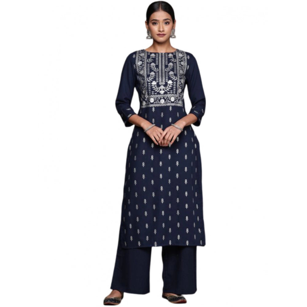 Generic Women's Casual 3-4Th Sleeve Floral Printed Rayon Kurti and Palazzo Set (Navy Blue)