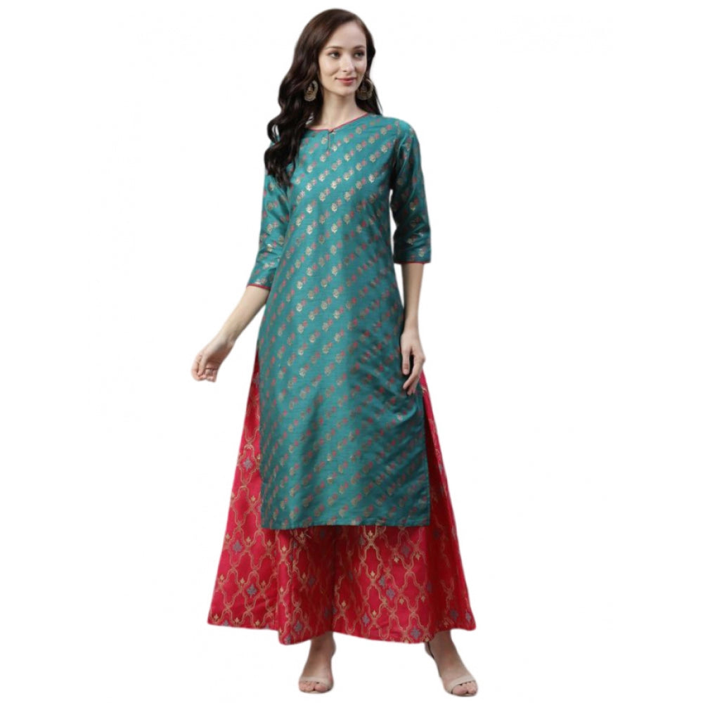 Generic Women's Casual 3-4Th Sleeve Ethnic Motifs Poly Silk Kurti And Palazzo Set (Green)