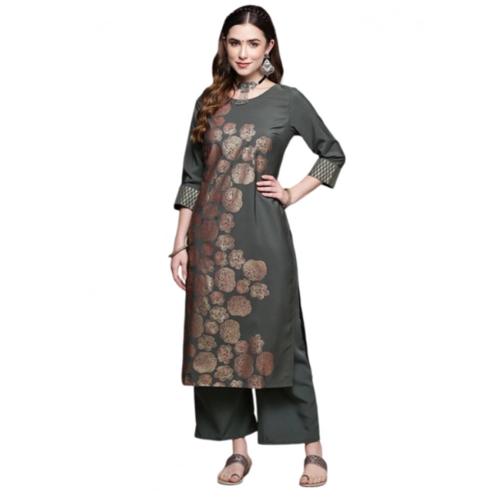 Generic Women's Casual 3-4Th Sleeve Floral Printed Crepe Kurti And Palazzo Set (Dark Grey)