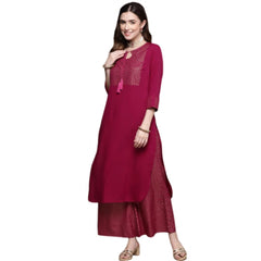 Generic Women's Casual Full Sleeve Ethnic Motifs Crepe Kurti and Palazzo Set (Dark Pink)