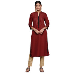 Generic Women's Casual 3-4Th Sleeve Ethnic Motifs Crepe Kurti (Maroon)