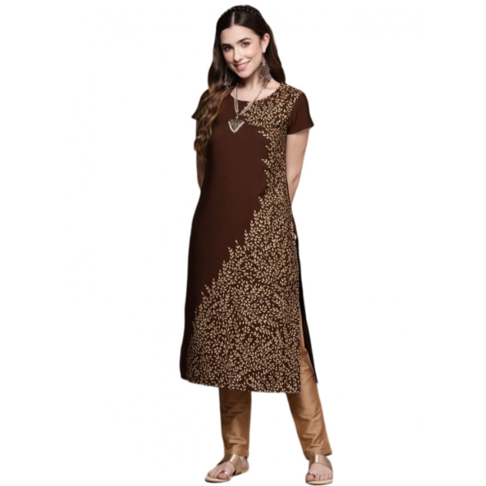 Generic Women's Casual Short Sleeves Floral Printed Crepe Kurti (Brown)