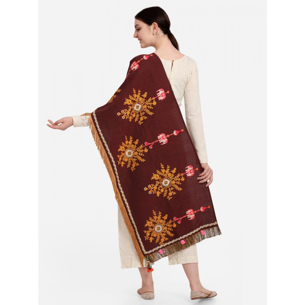 Generic Women's Cotton Embroidered Dupatta (Maroon, Length: 1.5 to 2 Mtr)