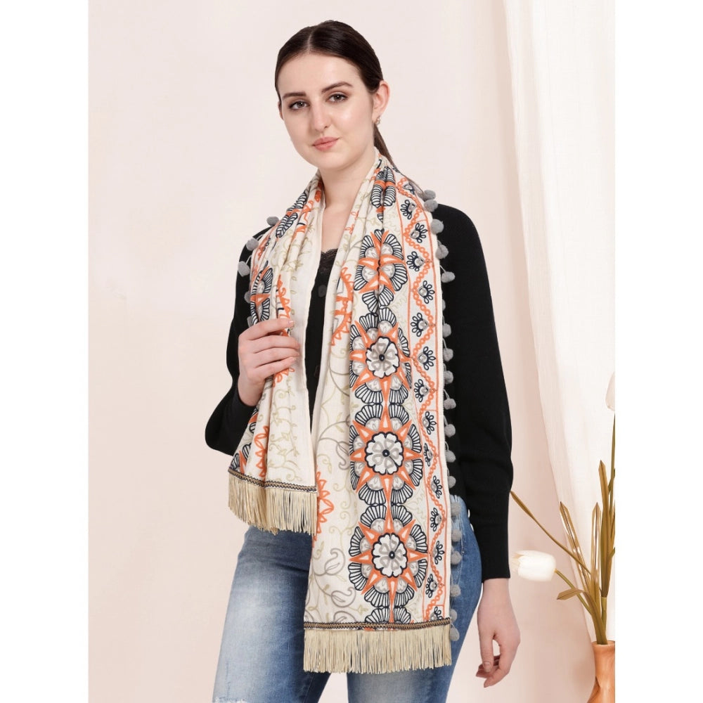 Generic Women's Cotton Embroidered Muffler (Off White, Length: 0.5 to 1 Mtr)