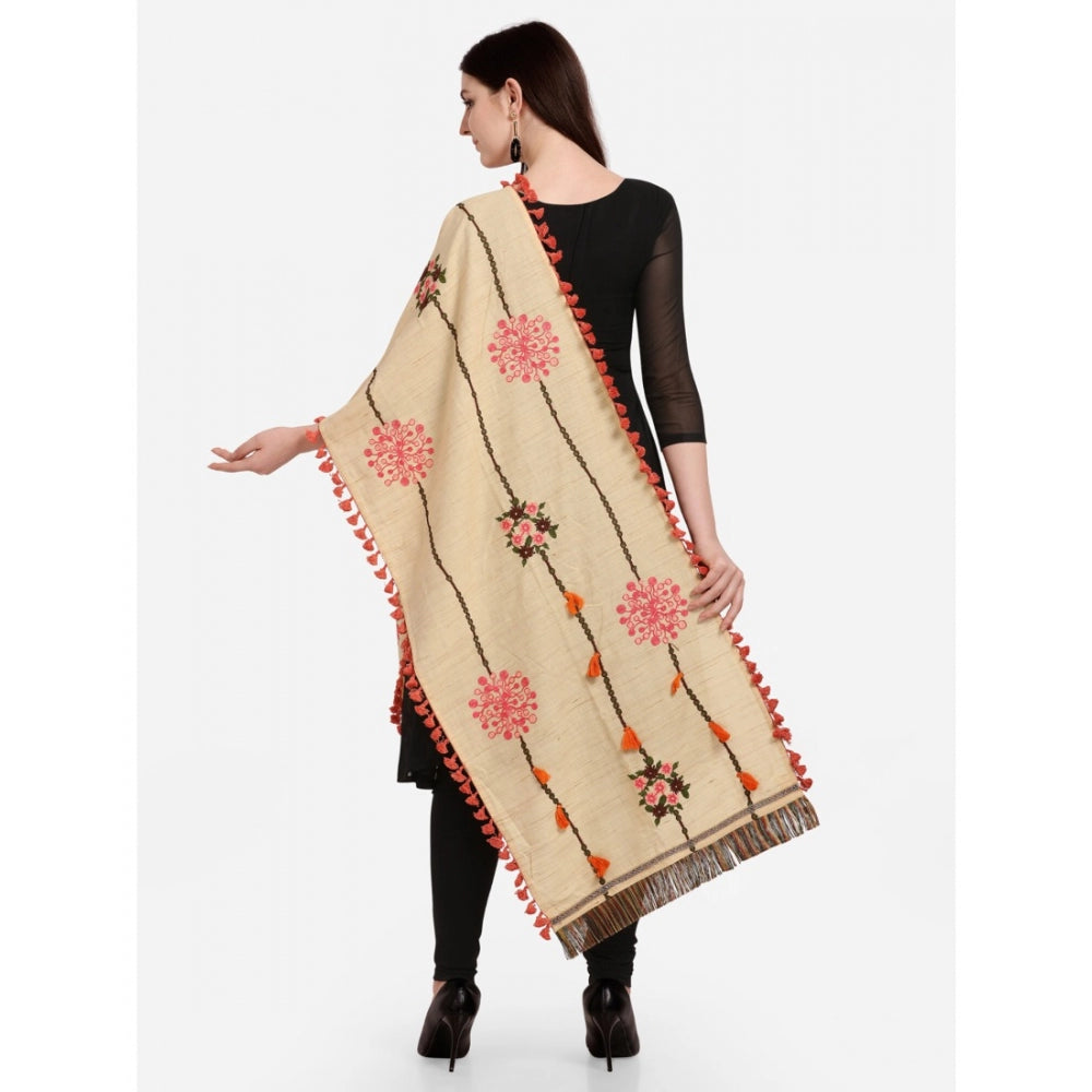 Generic Women's Cotton Embroidered Dupatta (Beige, Length: 1.5 to 2 Mtr)