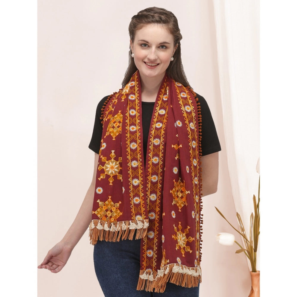 Generic Women's Cotton Embroidered Muffler (Maroon, Length: 0.5 to 1 Mtr)