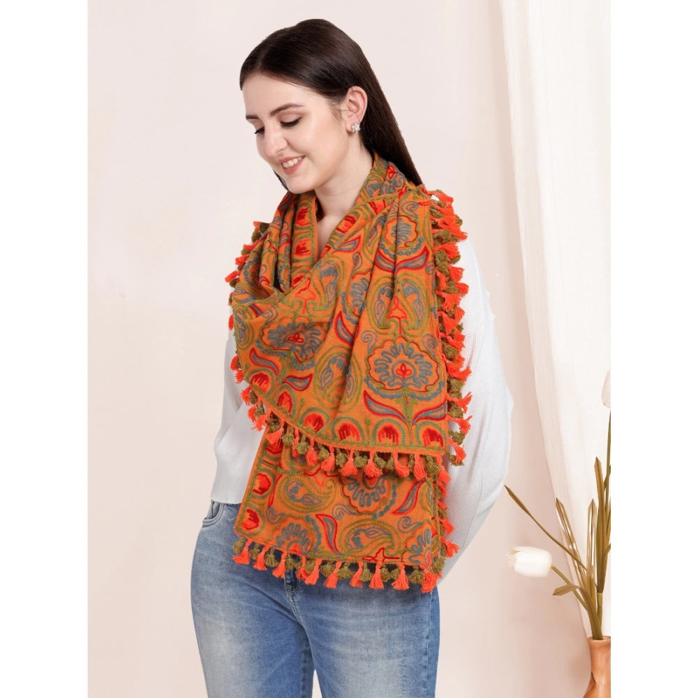 Generic Women's Cotton Embroidered Muffler (Orange, Length: 0.5 to 1 Mtr)