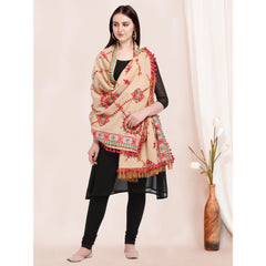 Generic Women's Cotton Embroidered Dupatta (Beige, Length: 0.5 to 1 Mtr)