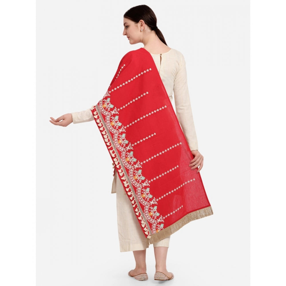 Generic Women's Cotton Embroidered Dupatta (Red, Length: 1.5 to 2 Mtr)