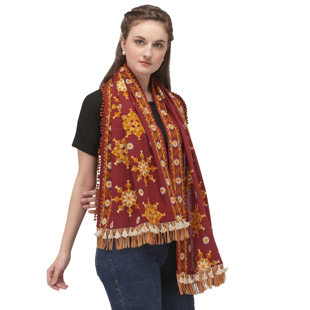 Generic Women's Cotton Embroidered Muffler (Maroon, Length: 0.5 to 1 Mtr)