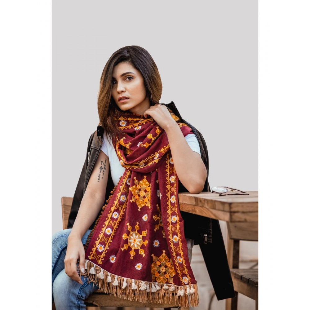 Generic Women's Cotton Embroidered Muffler (Maroon, Length: 0.5 to 1 Mtr)