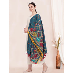 Generic Women's Cotton Embroidered Dupatta (Turquoise, Length: 0.5 to 1 Mtr)