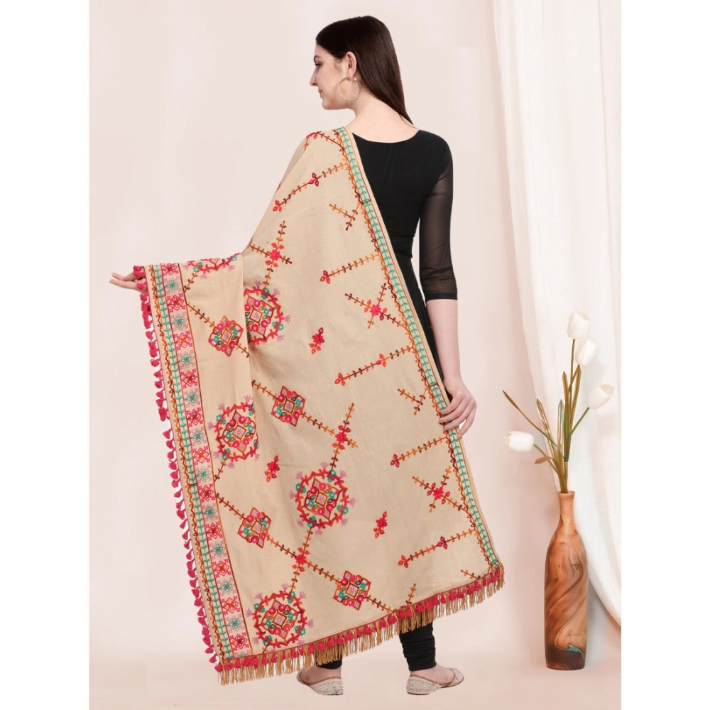 Generic Women's Cotton Embroidered Dupatta (Beige, Length: 0.5 to 1 Mtr)