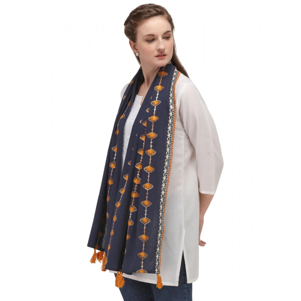 Generic Women's Cotton Opaque Stole (Navy Blue , Length: 1.5 to 2 Mtr)