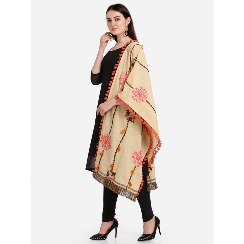 Generic Women's Cotton Embroidered Dupatta (Beige, Length: 1.5 to 2 Mtr)