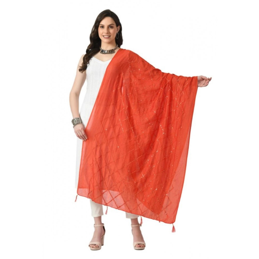 Generic Women's Chanderi Self Degine Dupatta (Orange, Length: Free Size)