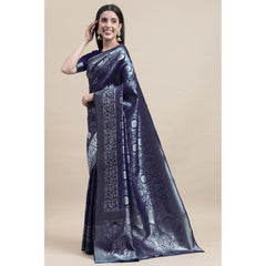 Generic Women's Kanjivaram Silk Designer Silver Weaving Saree With Unstitched Blouse (Blue, 5.50 Mtrs)