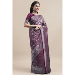 Generic Women's Kanjivaram Silk Designer Silver Weaving Saree With Unstitched Blouse (Purple, 5.50 Mtrs)