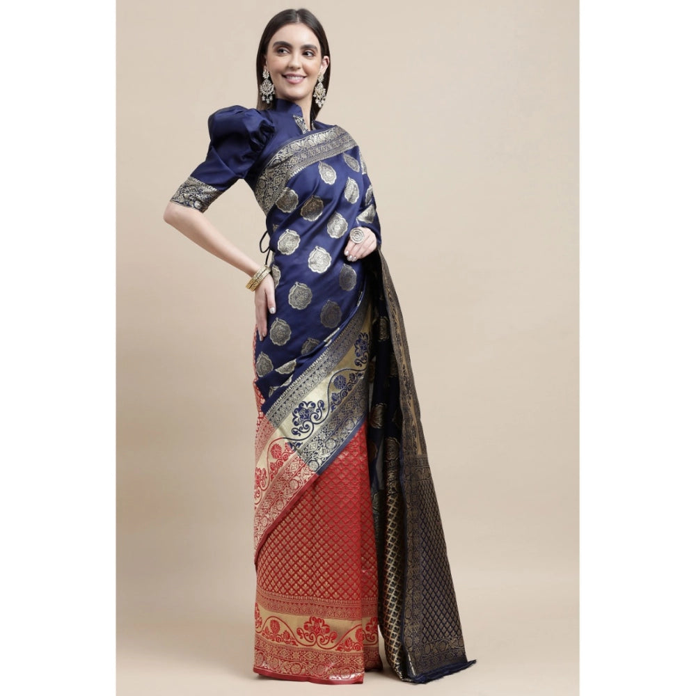 Generic Women's Kanjivaram Silk Designer Weaving Saree With Unstitched Blouse (Blue &amp; Red, 5.50 Mtrs)