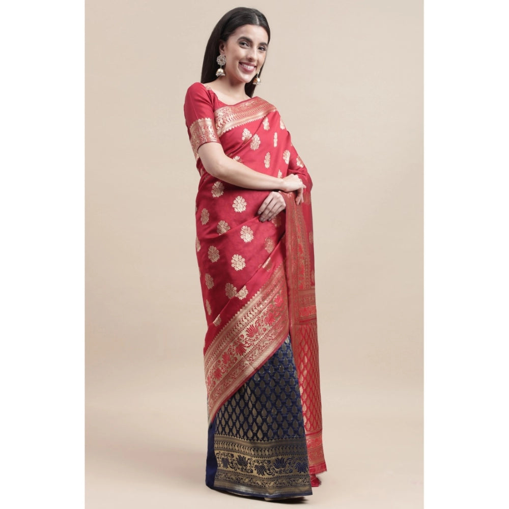 Generic Women's Kanjivaram Silk Designer Weaving Saree With Unstitched Blouse (Red,Blue, 5.50 Mtrs)