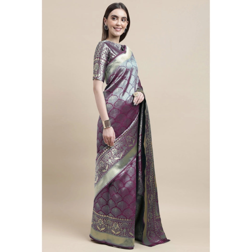 Generic Women's Banarasi Silk Designer Weaving Saree With Unstitched Blouse (Purple, 5.50 Mtrs)