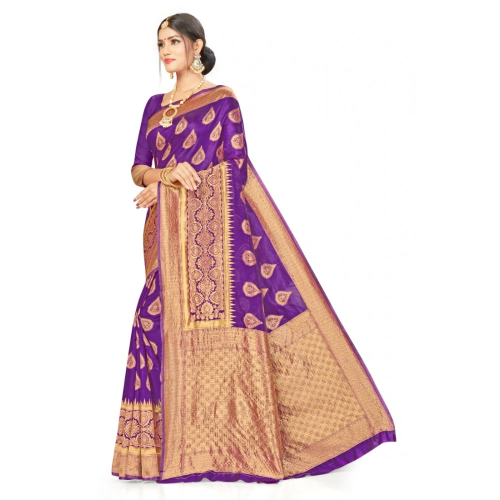 Generic Women's Banarasi Silk Designer Weaving Saree With Unstitched Blouse (Purple, 5.50 Mtrs)