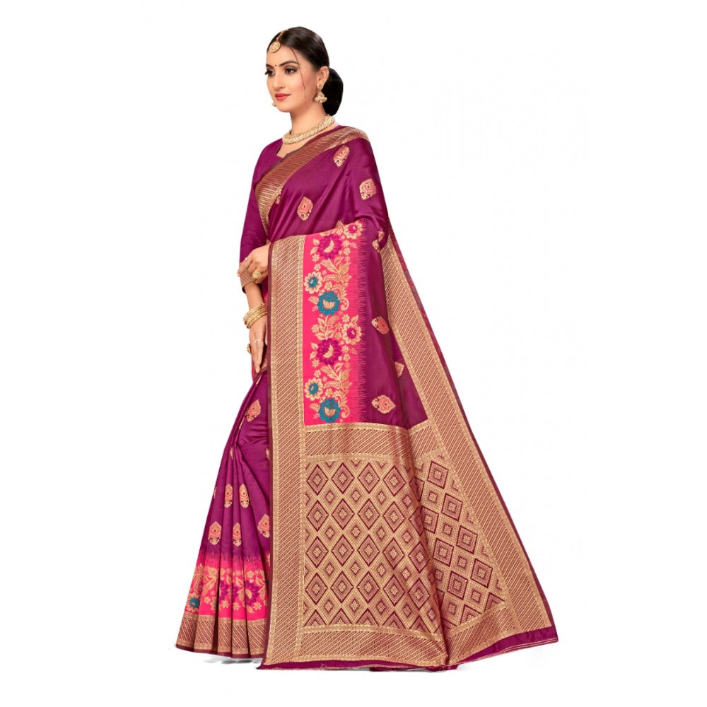 Generic Women's Banarasi Silk Designer Weaving Saree With Unstitched Blouse (Purple, 5.50 Mtrs)