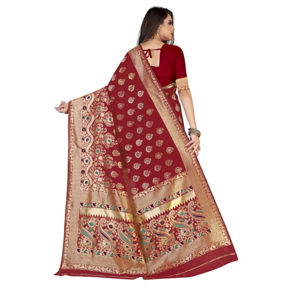 Generic Women's Banarasi Silk Designer Weaving Saree With Unstitched Blouse (Maroon, 5.50 Mtrs)