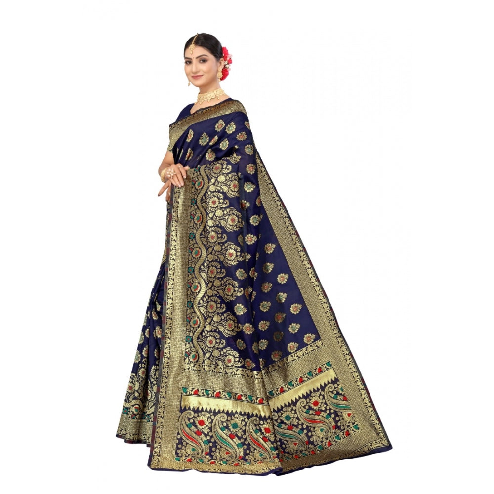 Generic Women's Banarasi Silk Designer Weaving Saree With Unstitched Blouse (Blue, 5.50 Mtrs)