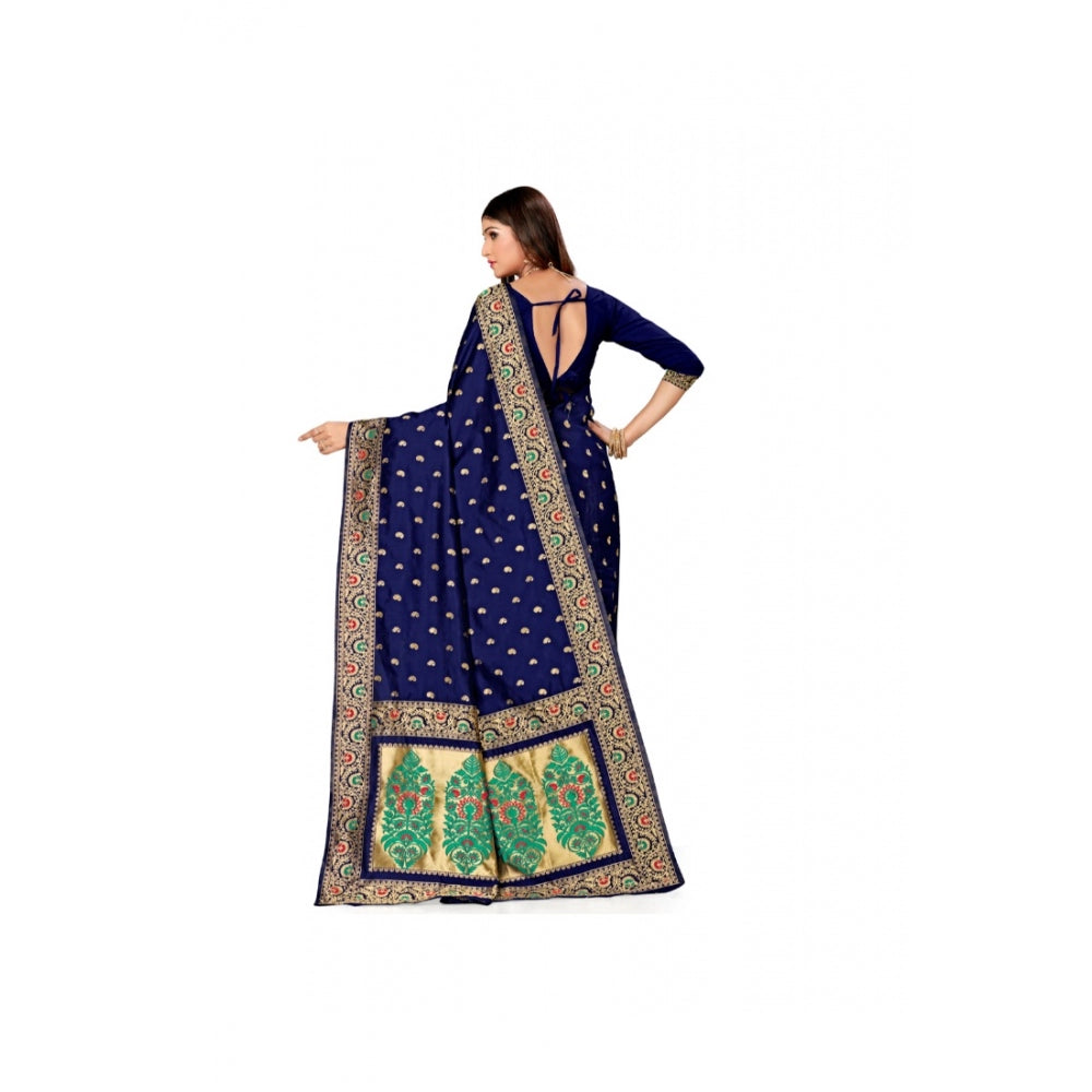 Generic Women's Banarasi Silk Designer Weaving Saree With Unstitched Blouse (Blue, 5.50 Mtrs)