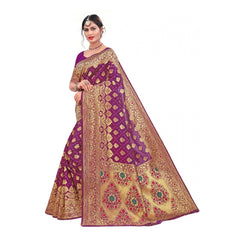 Generic Women's Banarasi Silk Designer Weaving Saree With Unstitched Blouse (Purple, 5.50 Mtrs)