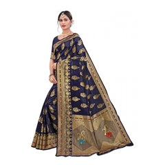 Generic Women's Banarasi Silk Designer Weaving Saree With Unstitched Blouse (Blue, 5.50 Mtrs)