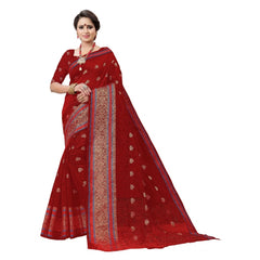 Generic Women's Cotton Silk Designer Weaving Saree With Unstitched Blouse (Maroon, 5.50 Mtrs)