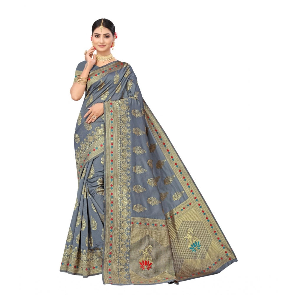 Generic Women's Banarasi Silk Designer Weaving Saree With Unstitched Blouse (Grey, 5.50 Mtrs)