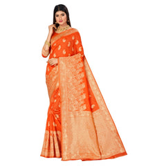 Generic Women's Banarasi Silk Designer Weaving Saree With Unstitched Blouse (Orange, 5.50 Mtrs)