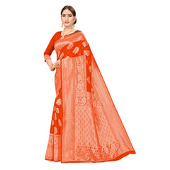 Generic Women's Banarasi Silk Designer Weaving Saree With Unstitched Blouse (Orange, 5.50 Mtrs)