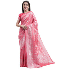 Generic Women's Kanjivaram Silk Designer Silver Weaving Saree With Unstitched Blouse (Pink, 5.50 Mtrs)