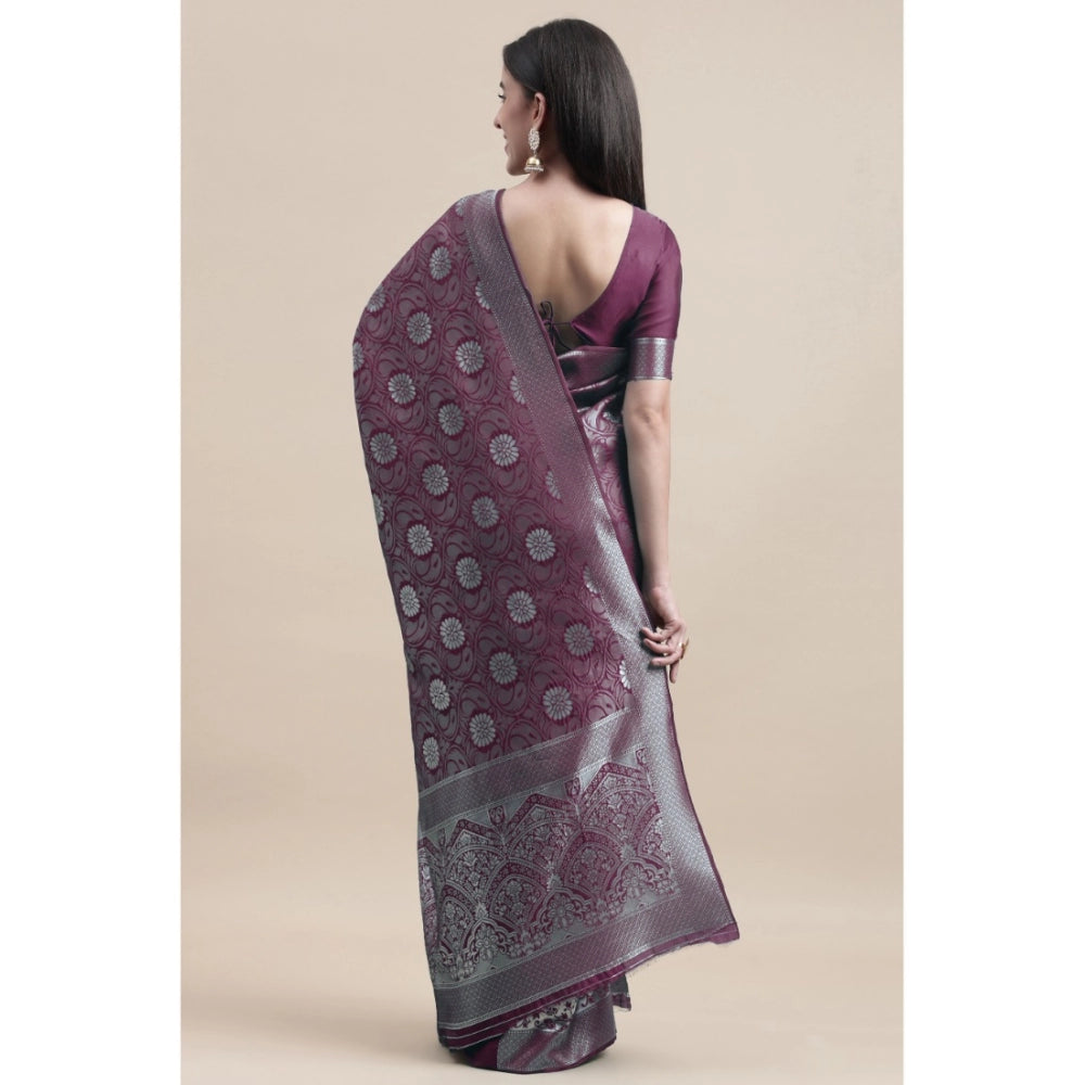 Generic Women's Kanjivaram Silk Designer Silver Weaving Saree With Unstitched Blouse (Purple, 5.50 Mtrs)