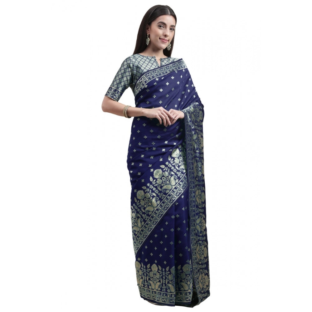 Generic Women's Banarasi Silk Designer Weaving Saree With Unstitched Blouse (Blue, 5.50 Mtrs)