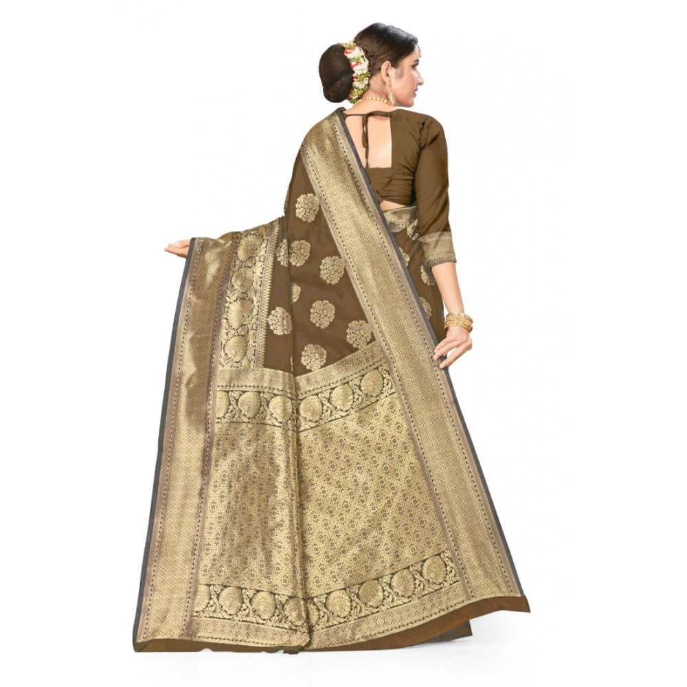 Generic Women's Banarasi Silk Designer Weaving Saree With Unstitched Blouse (Brown, 5.50 Mtrs)