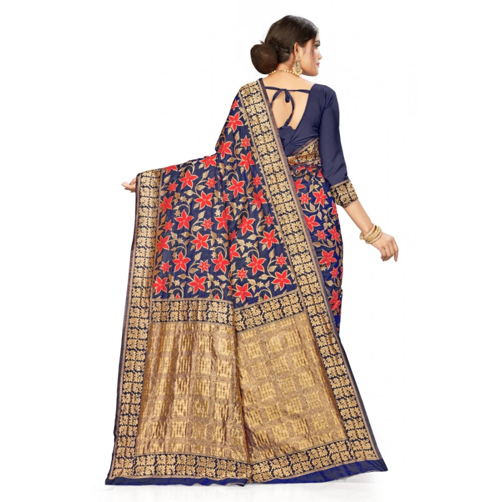 Generic Women's Banarasi Silk Designer Weaving Saree With Unstitched Blouse (Blue, 5.50 Mtrs)