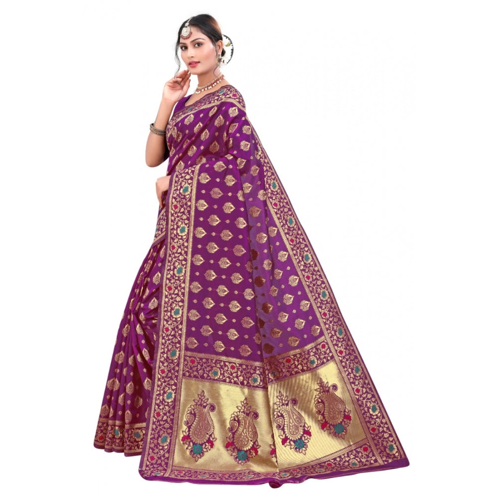 Generic Women's Banarasi Silk Designer Weaving Saree With Unstitched Blouse (Purple, 5.50 Mtrs)