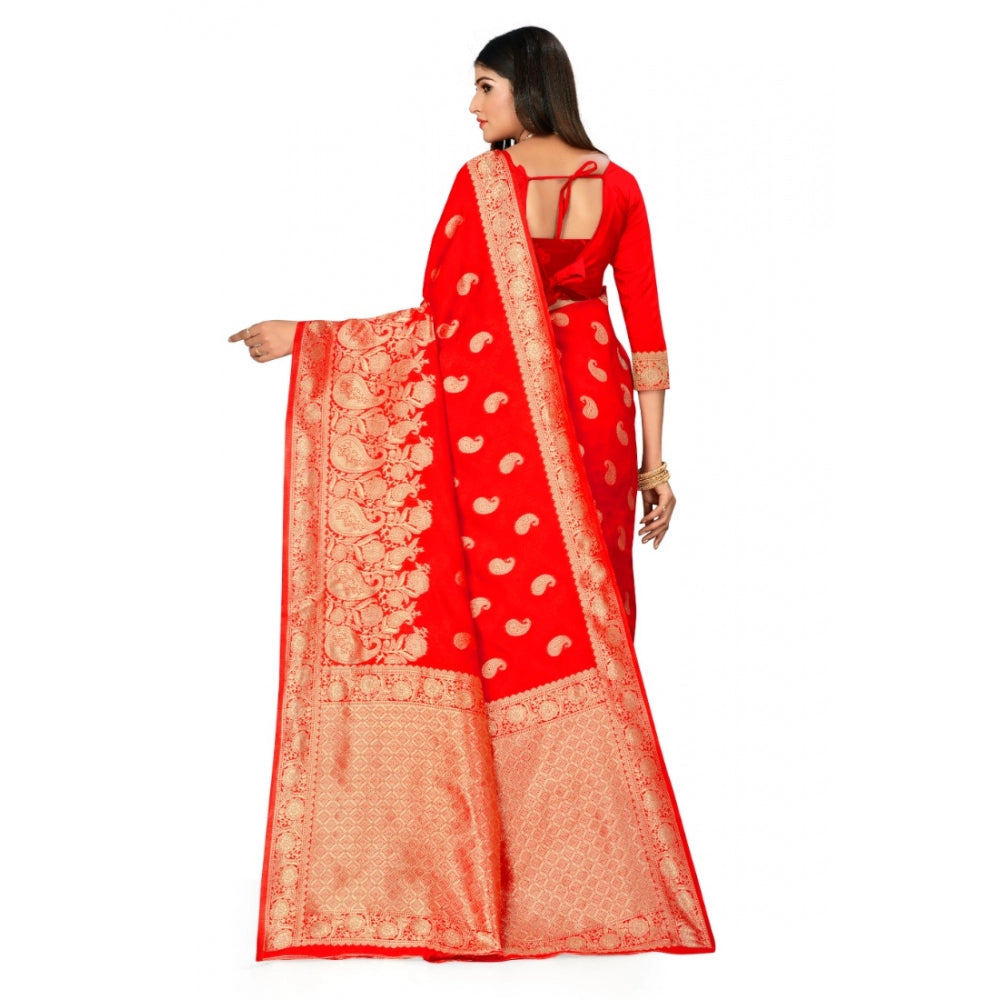 Generic Women's Banarasi Silk Designer Weaving Saree With Unstitched Blouse (Red, 5.50 Mtrs)